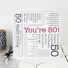 Load image into Gallery viewer, 50th Birthday Card - Word Cloud - Being Fifty Quotes - Coulson Macleod
