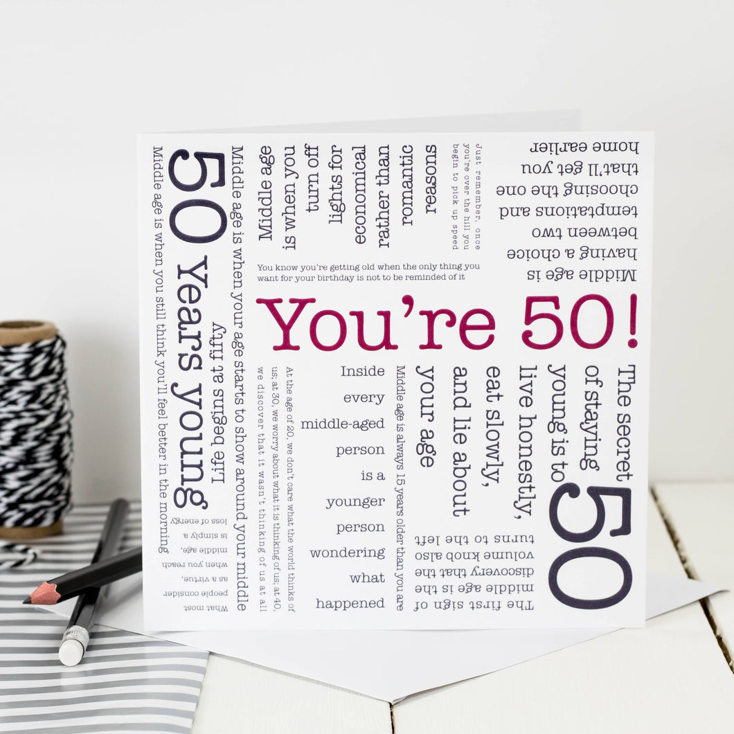 50th Birthday Card - Word Cloud - Being Fifty Quotes - Coulson Macleod