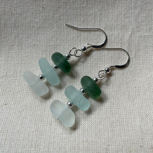Sea Glass Dangle Earrings - Three Bead - Sterling Silver - various colours - Fayth Seaglass
