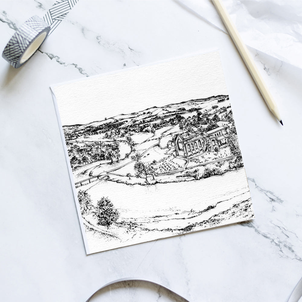 Greetings Card - Bolton Abbey Estate - Yorkshire Pencil Drawn Illustration - Carbon Art