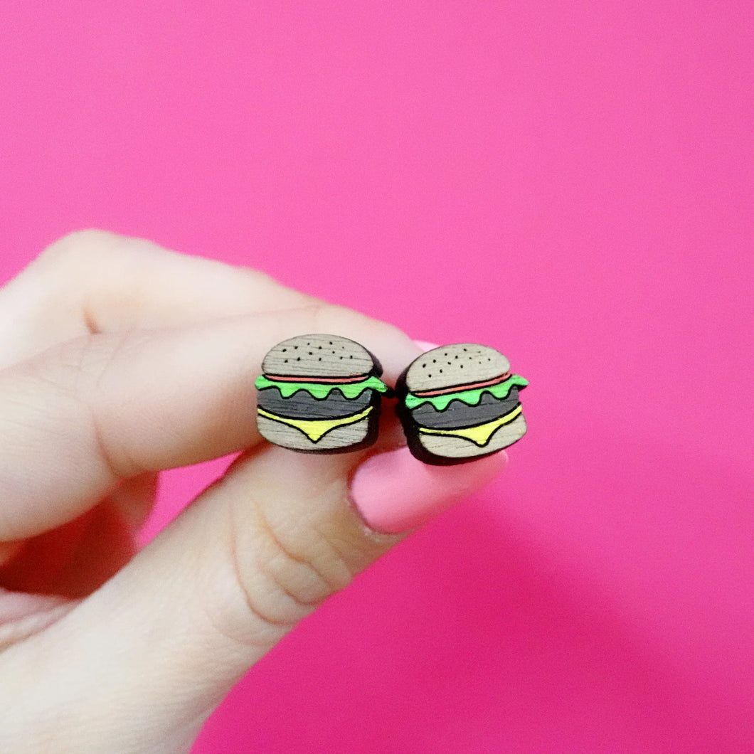 Burger Stud Earrings - Wooden Earrings - Silly Loaf