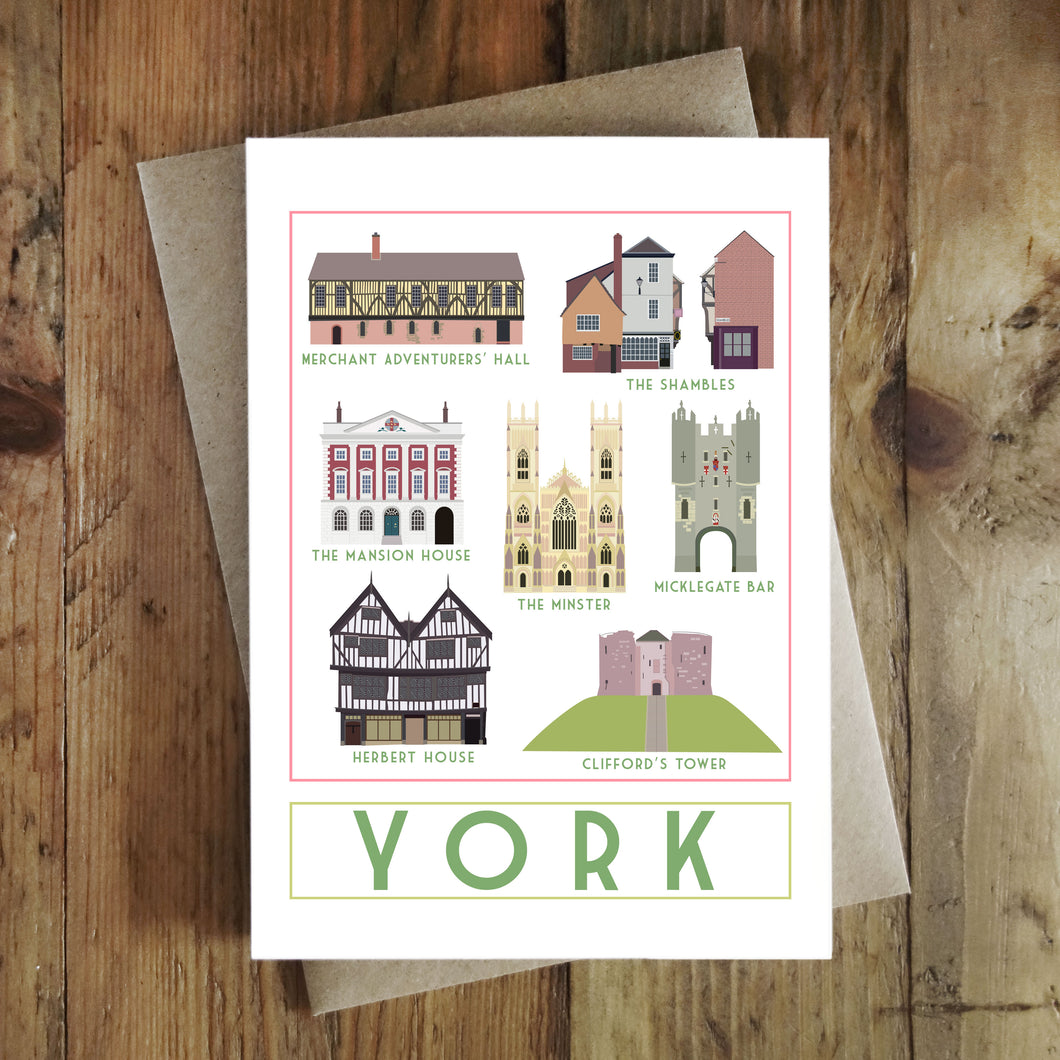 York Landmarks greetings card - tourism poster inspired - Sweetpea and Rascal
