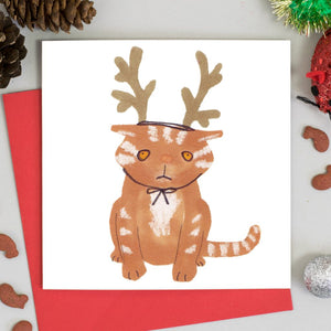 Christmas Greetings Card - Cat In a Reindeer Hat - Jo Clark Design