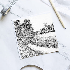 Greetings Card - Fountains Abbey - Yorkshire Pencil Drawn Illustration - Carbon Art