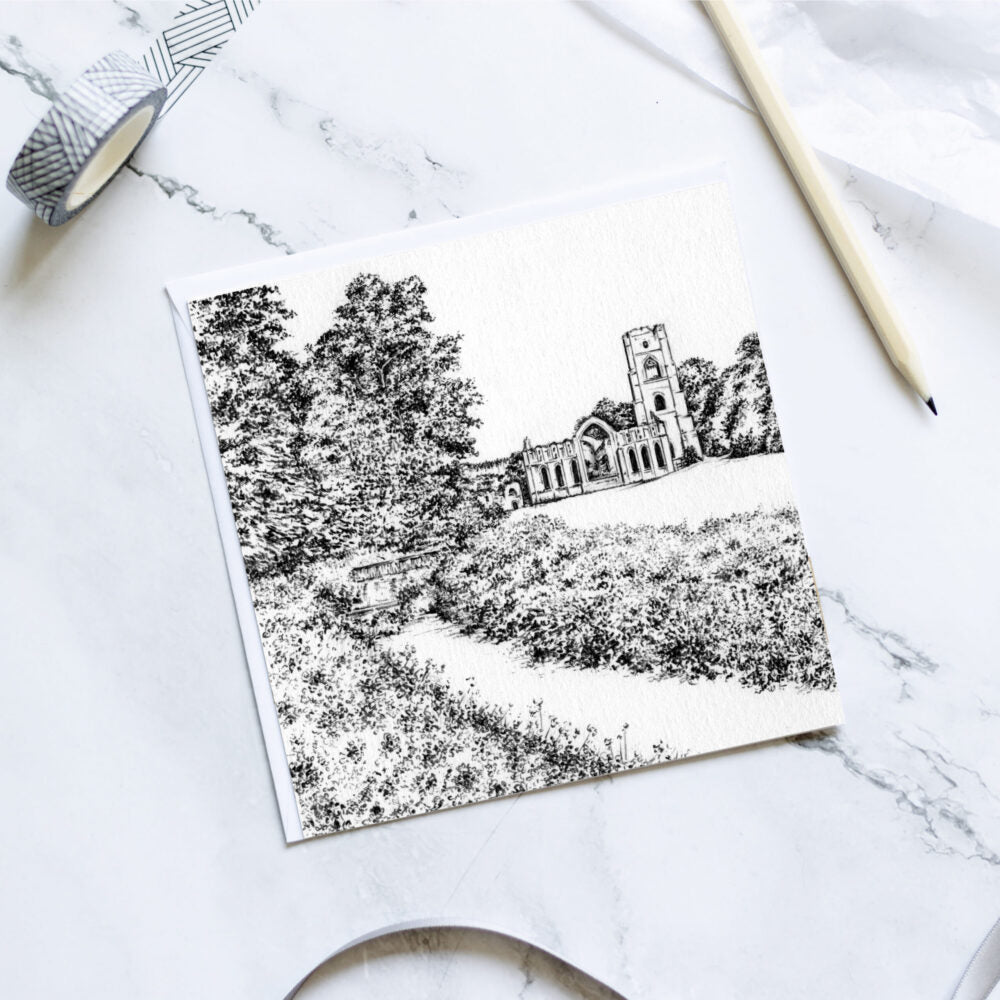 Greetings Card - Fountains Abbey - Yorkshire Pencil Drawn Illustration - Carbon Art