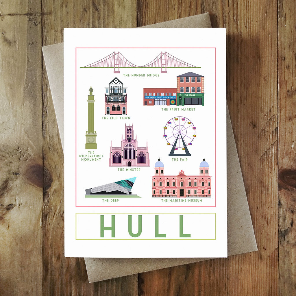 Hull Landmarks greetings card - tourism poster inspired - Sweetpea and Rascal