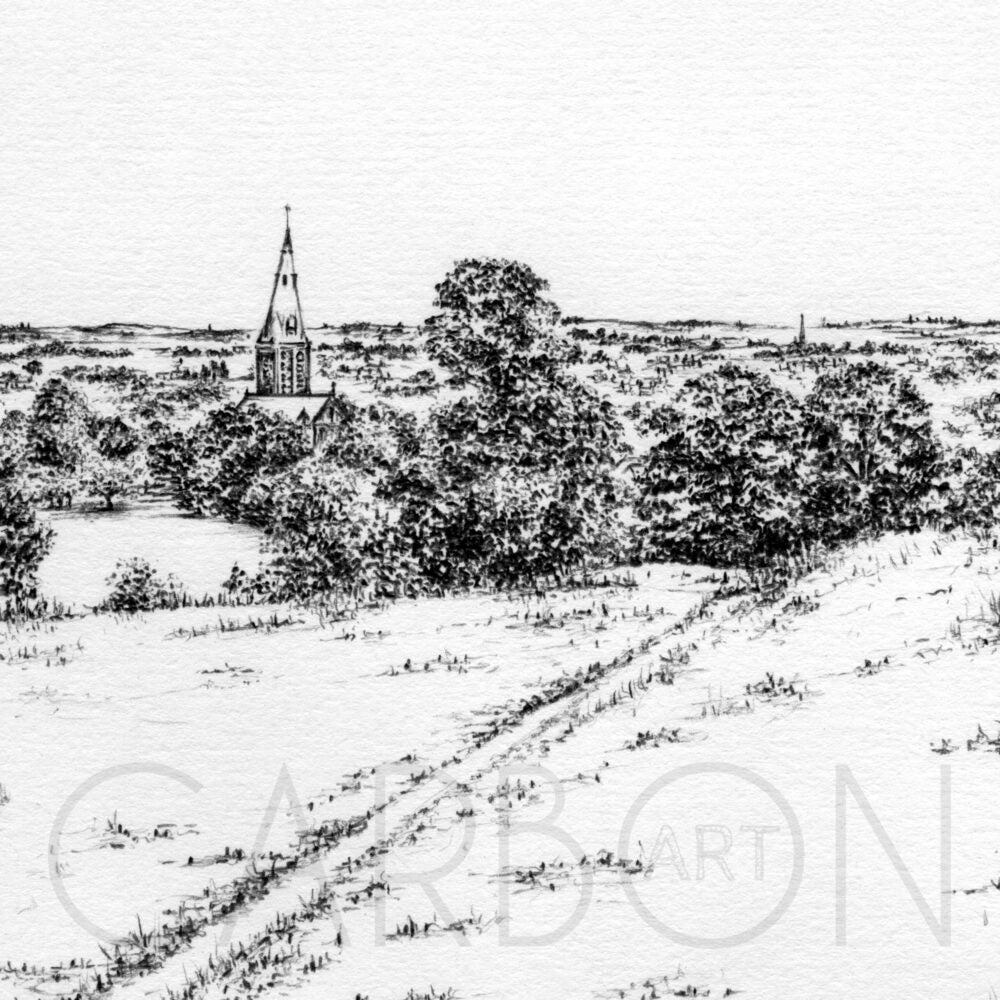 Hunger Hills Horsforth - Pencil Drawn Illustration - Square Print - Carbon Art