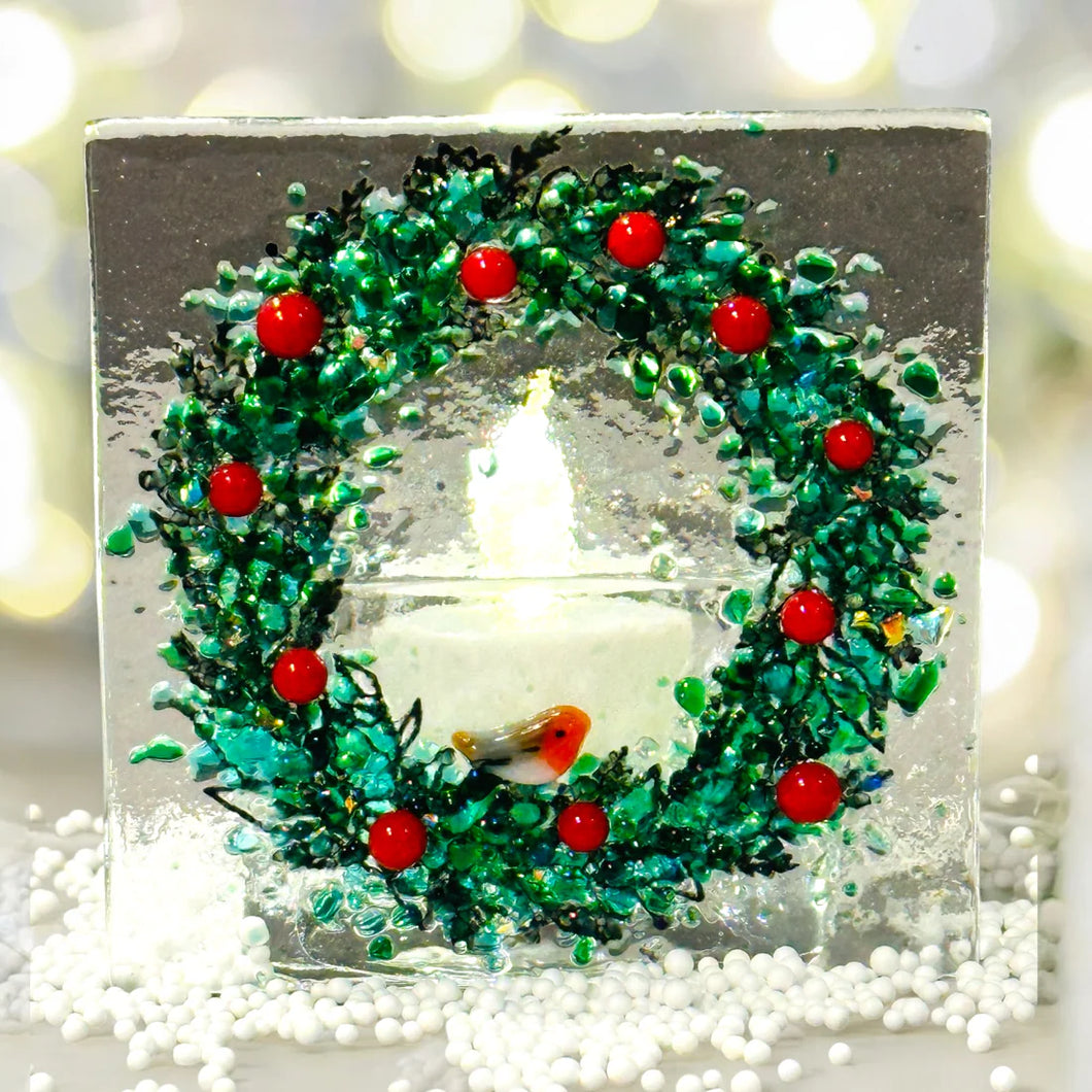 Christmas Wreath With Robin - Glass Tea Light holder - Fused Glass - Twice Fired