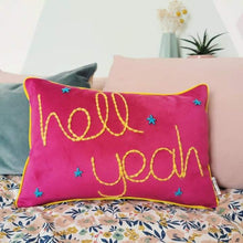 Load image into Gallery viewer, Embroidered Velvet Cushion - Hell Yeah - JordanLovellA
