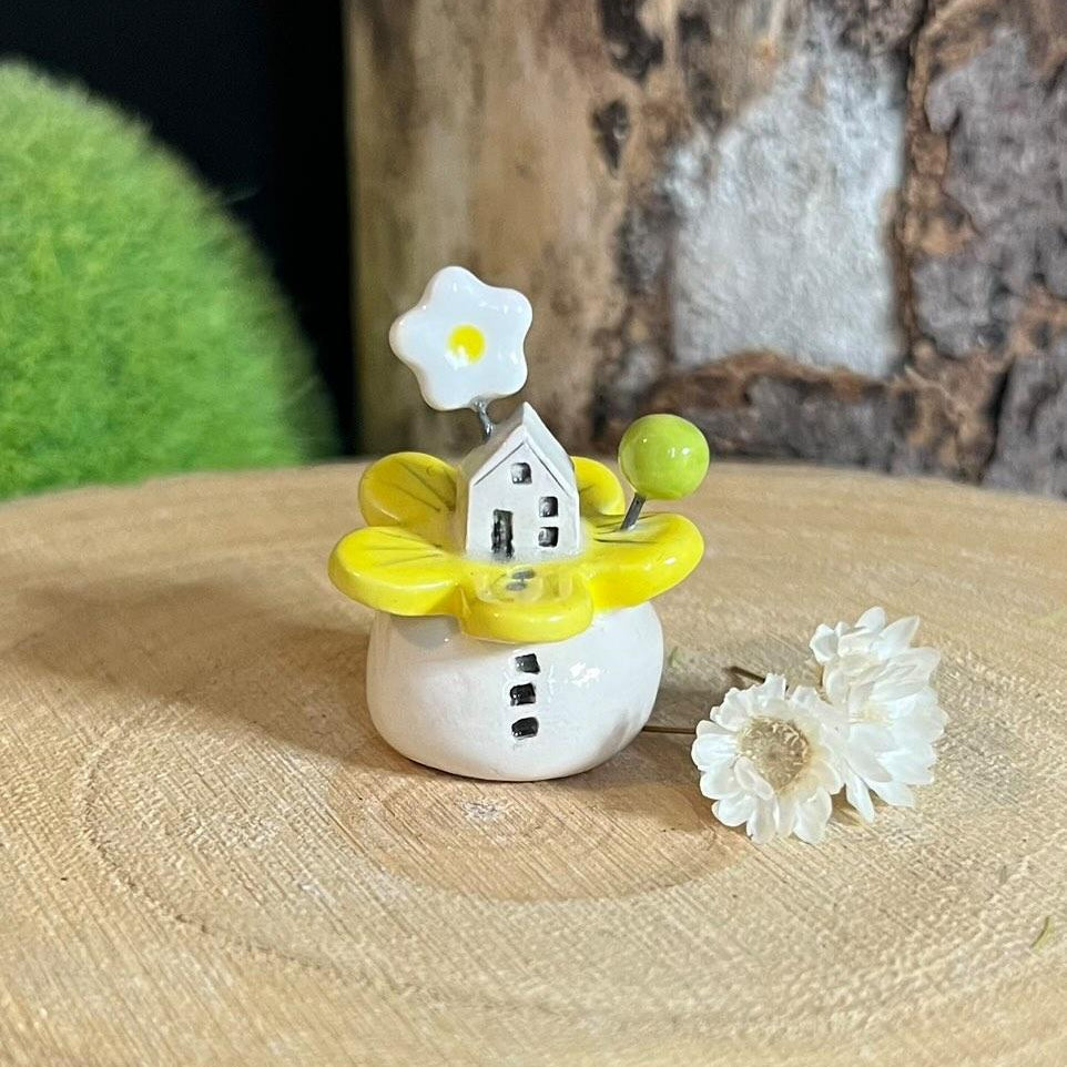 Miniature Ceramic Flower House On A Hill - Yellow Flower - Strawberry Lane Studio