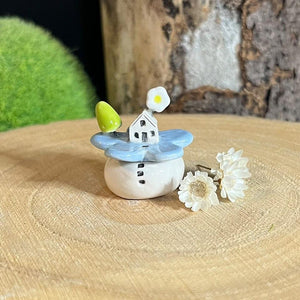 Miniature Ceramic Flower House On A Hill - Blue Flower - Strawberry Lane Studio