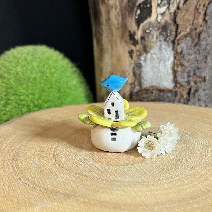 Miniature Ceramic Flower House On A Hill - Yellow Flower and Blue Bird - Strawberry Lane Studio