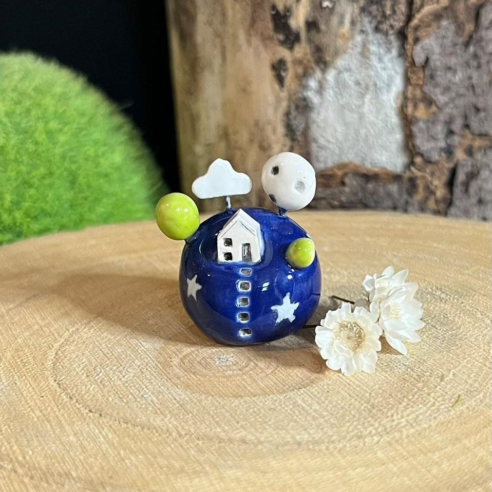Miniature Ceramic House - Night Time - Strawberry Lane Studio