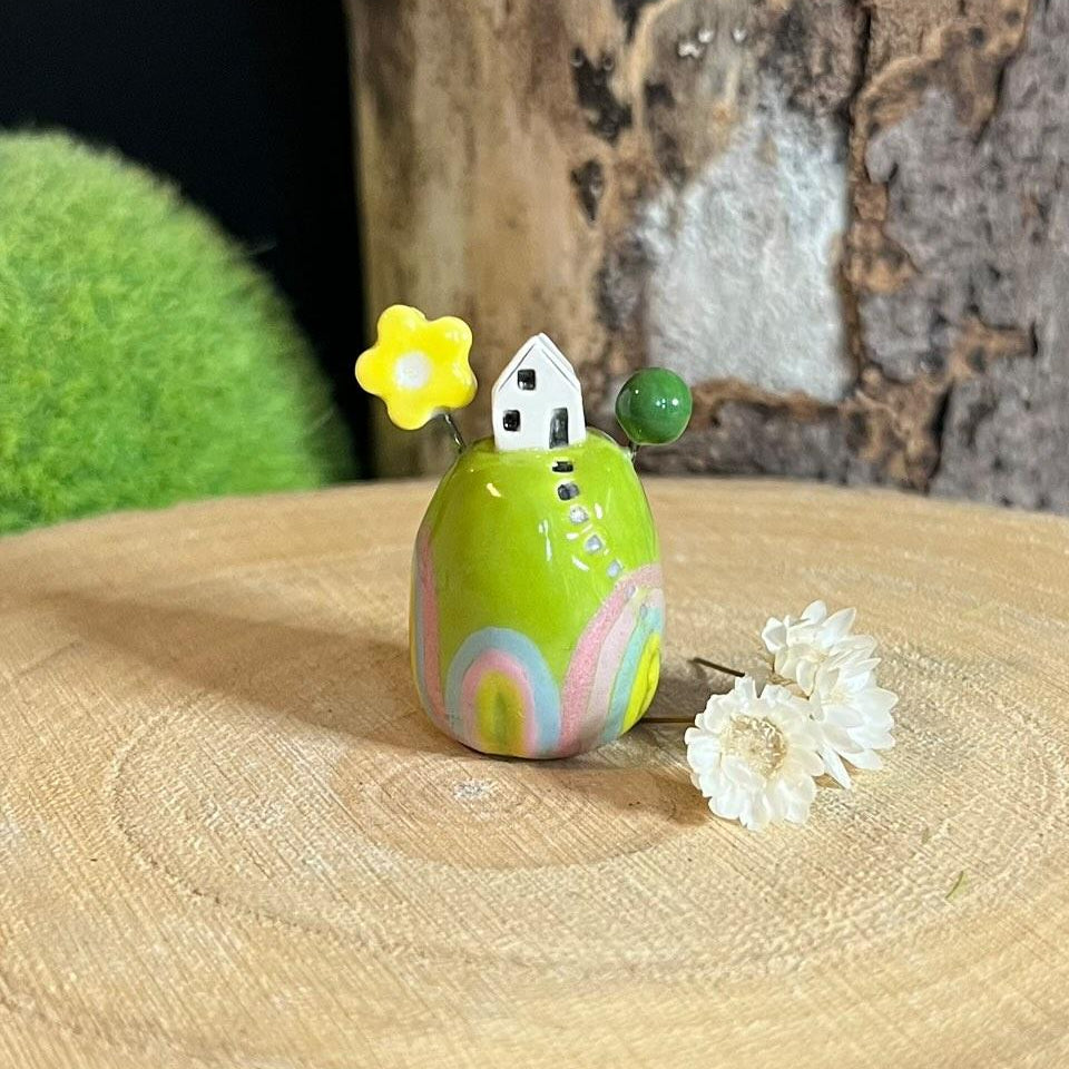 Miniature Ceramic House on a Rainbow Hill - Strawberry Lane Studio