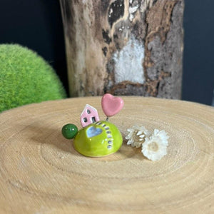 Miniature Ceramic Pink House and Heart Lake on a Hill - Strawberry Lane Studio