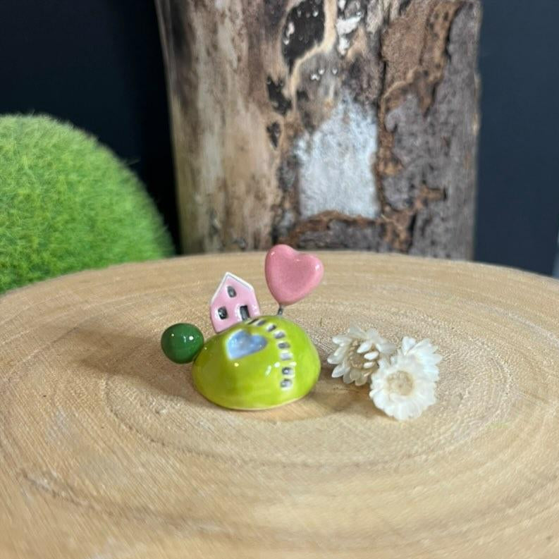 Miniature Ceramic Pink House and Heart Lake on a Hill - Strawberry Lane Studio