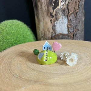 Miniature Ceramic Blue House and Heart Lake on a Hill - Strawberry Lane Studio