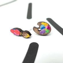 Load image into Gallery viewer, Wooden Stud Earrings - Paint Brush and Palette mismatched pair - Silly Loaf
