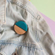 Load image into Gallery viewer, Geometric oak and acrylic wooden brooch - various designs available - Hey There Munchquin
