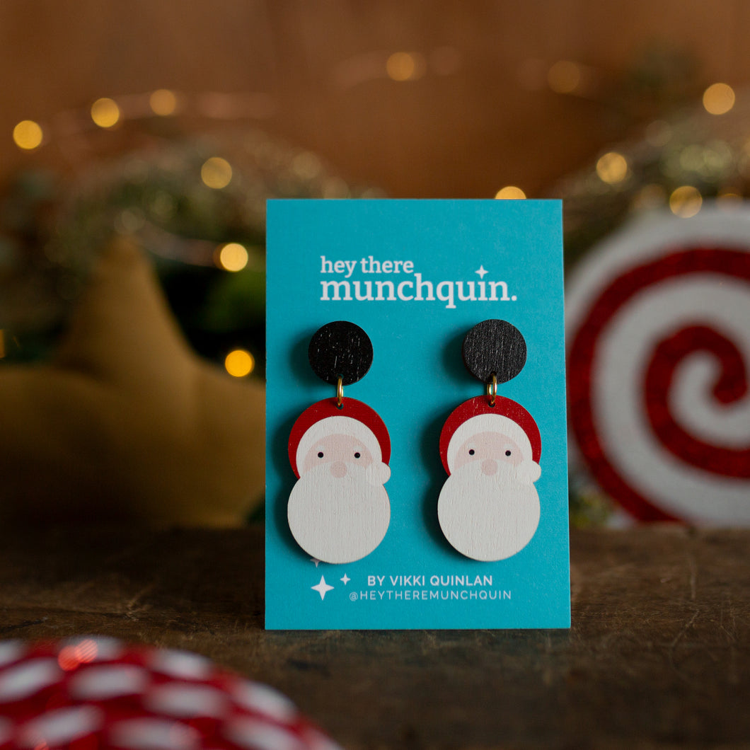 Wooden Dangle Earrings - Santa - Hey There Munchquin