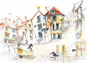 Greetings Card - Robin Hoods Bay and Oystercatchers - Yorkshire Art - Tim Gomersall Art & Illustration