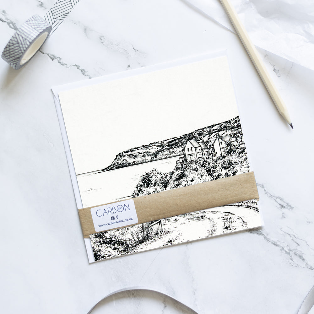 Greetings Card - Robin Hoods Bay - Yorkshire Pencil Drawn Illustration - Carbon Art