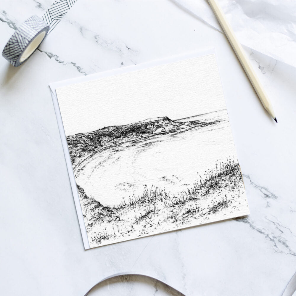 Greetings Card - Runswick Bay - Yorkshire Pencil Drawn Illustration - Carbon Art