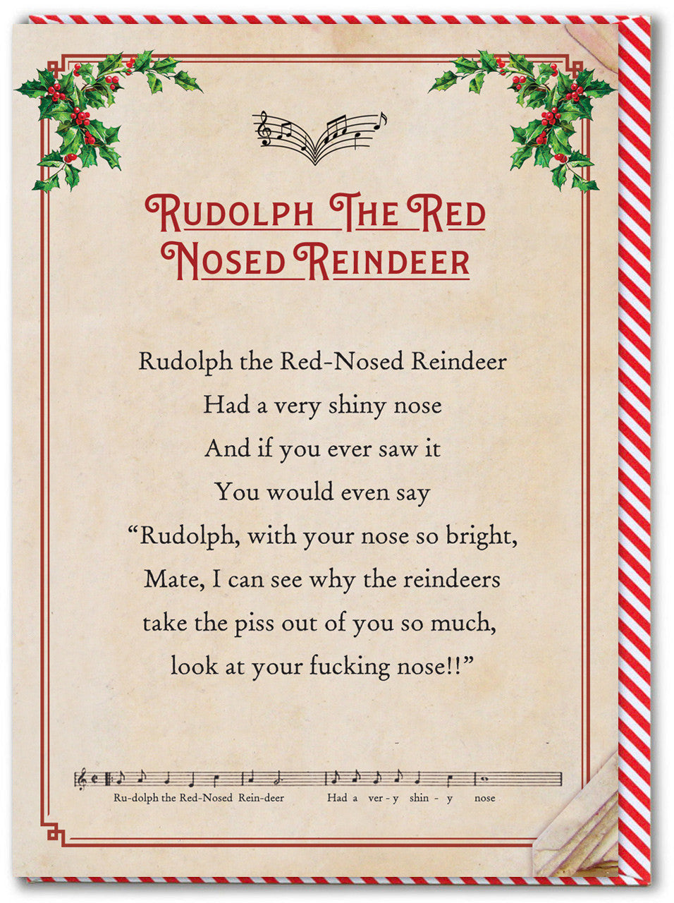 Saucy Christmas Songbook Card - Rudolph the Red Nosed Reindeer - sweary Christmas card - Brainbox Candy