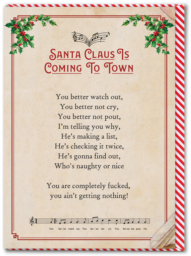 Saucy Christmas Songbook Card - Santa Claus is Coming to Town - sweary Christmas card - Brainbox Candy