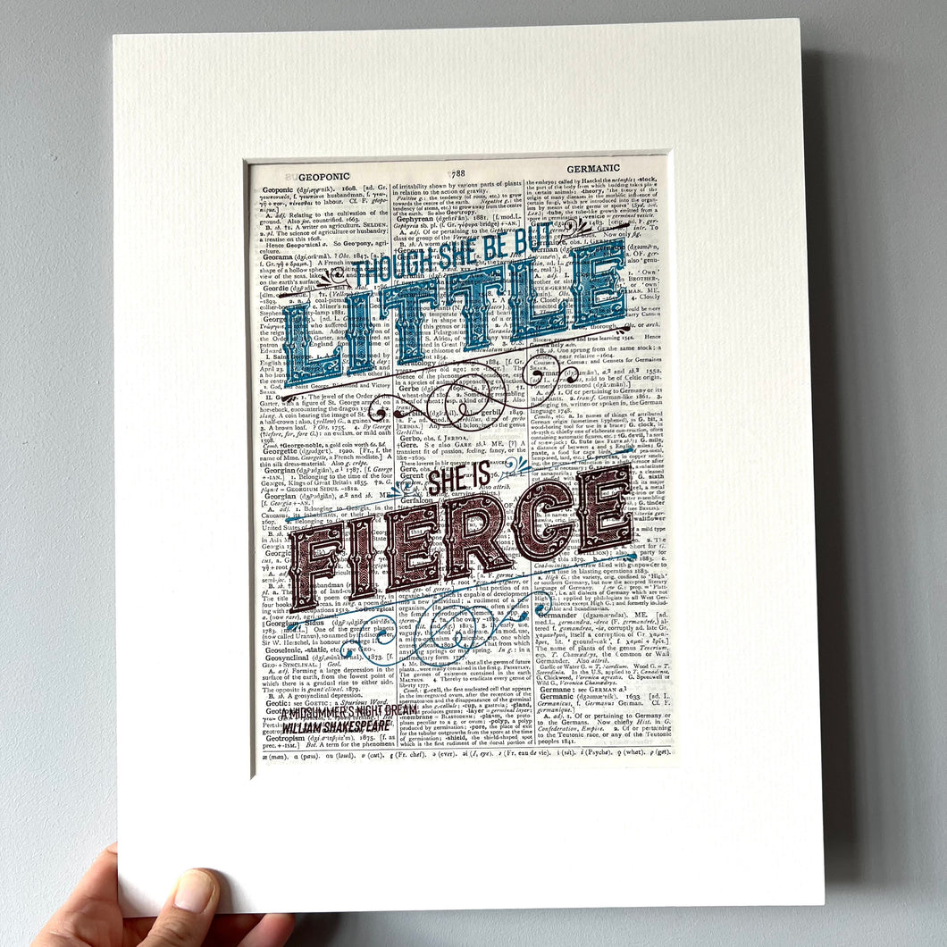 Dictionary Page Print - Though she be but little she is fierce - Midsummer Nights Dream / Shakespeare Quote - Turn the Page Design