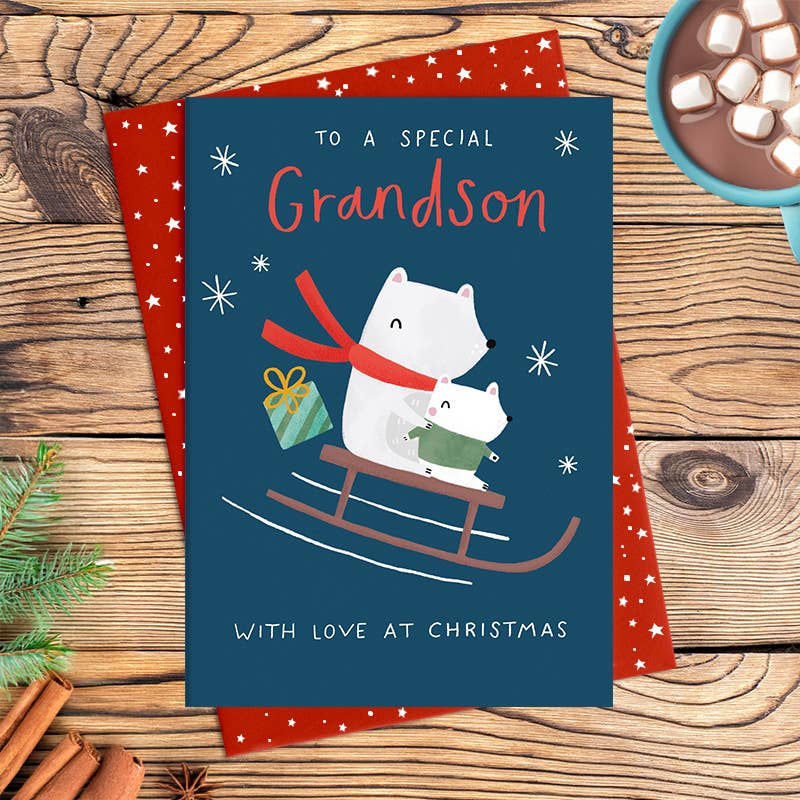 Family Christmas Greetings Card - Grandson With Love at Christmas - Sleigh bears - Dandelion Stationery