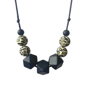 Teething Necklace - Black and Leopard Print - Geometric Silicon Bead Teething Jewellery - Mama Knows