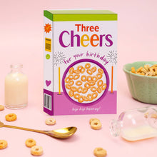 Load image into Gallery viewer, Greetings Card - Three Cheers Retro Cereal Box Birthday Card - Ricicle

