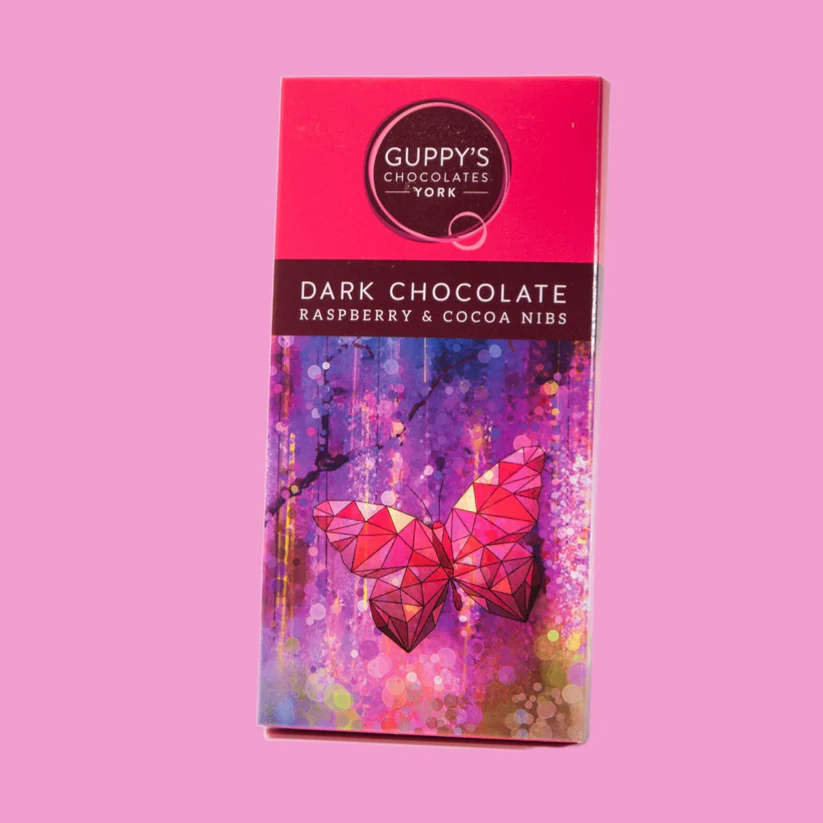 Chocolate Bar - Dark Chocolate - Raspberry and Cocoa Nibs - Guppys Chocolate