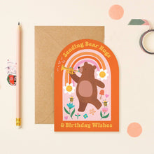 Load image into Gallery viewer, Greetings Card - Whimsical Bear Hugs Birthday Card with Rainbow and Flowers - Mifkins
