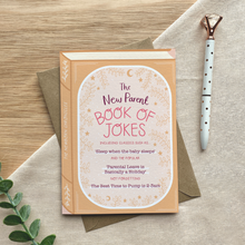 Load image into Gallery viewer, New Parent Book of Jokes – Luxury Baby Book Greeting Card - Two For Joy Illustration
