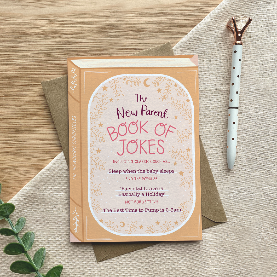 New Parent Book of Jokes – Luxury Baby Book Greeting Card - Two For Joy Illustration