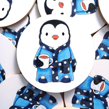 Load image into Gallery viewer, Coaster - Penguin with Tea and Dressing Gown - Round Coaster - By Kate Elford
