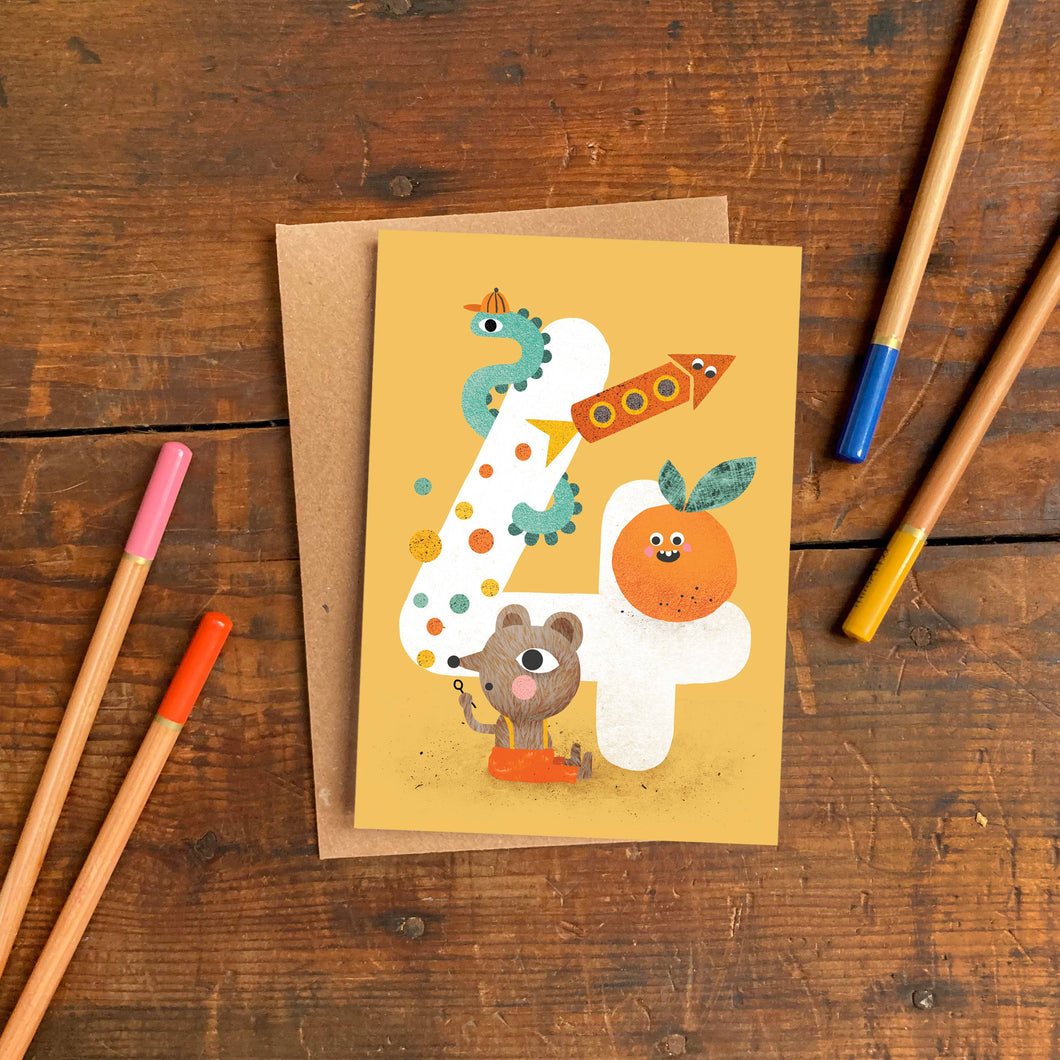 Age Four Crazy Critters Greeting Card - 4th Birthday - Emily Nash Illustration