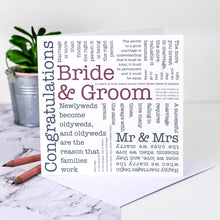 Load image into Gallery viewer, Greetings Card - Bride &amp; Groom / Wedding Card - Word Cloud Mr and Mrs Card - Coulson Macleod
