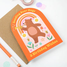 Load image into Gallery viewer, Greetings Card - Whimsical Bear Hugs Birthday Card with Rainbow and Flowers - Mifkins
