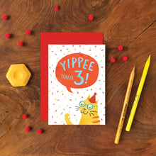 Load image into Gallery viewer, 3rd Birthday Card - Yippee You&#39;re Three Cat Birthday Greeting Card - Emily Nash Illustration
