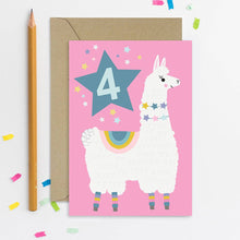 Load image into Gallery viewer, Greetings Card - 4th Birthday - Llama Pink Age 4 Card - Fourth Birthday - Mifkins
