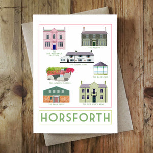 Horsforth Landmarks greetings card - tourism poster inspired - Sweetpea and Rascal - Yorkshire scenes