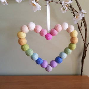 Pastel Rainbow Heart - Felt Ball Hanging Decoration - Useless Buttons