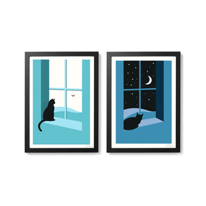 Watching through the Night Screenprint - Cat print in 2 sizes - Or8 Design