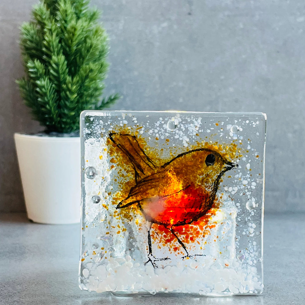 Christmas Robin - Glass Tea Light holder - Fused Glass - Twice Fired