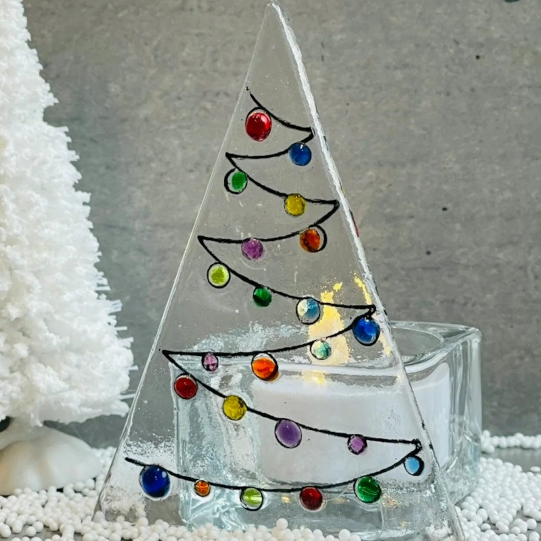 Festive Multicoloured Christmas Tree - Glass Tea Light holder - Fused Glass - Twice Fired