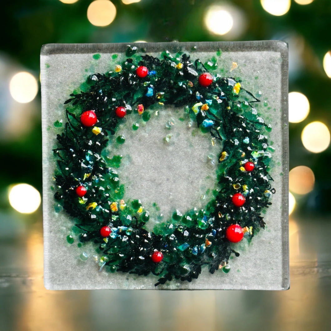 Christmas Wreath - Glass Tea Light holder - Fused Glass - Twice Fired