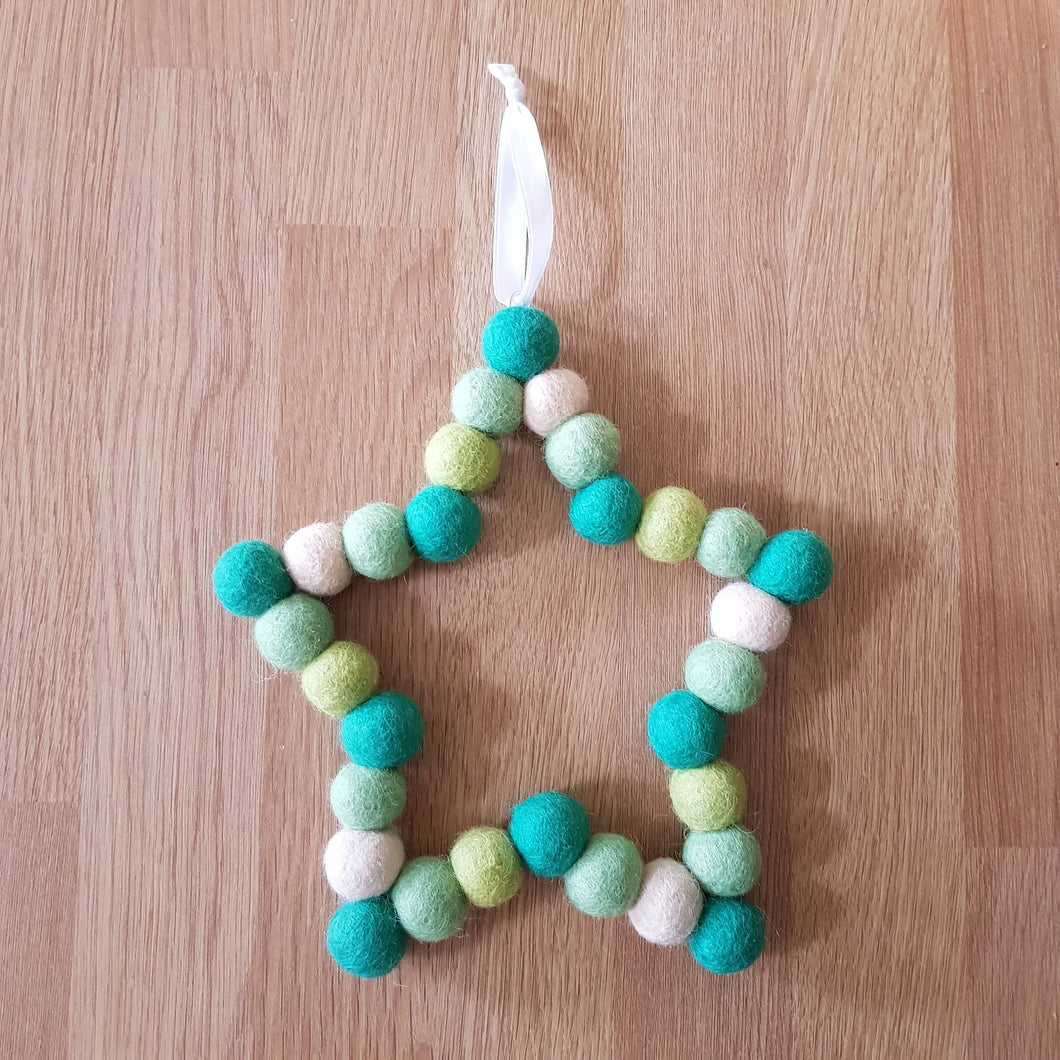 Shades Of Green Star - Felt Ball Hanging Decoration - Useless Buttons